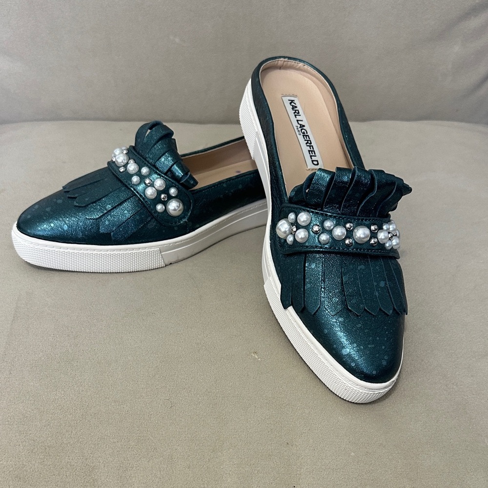 Karl Lagerfeld Teal Mules with Pearl Accents